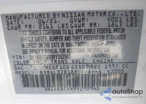2021 Nissan Sentra Sv Xtronic Cvt from USA, damaged, VIN 3N1AB8CVXMY292940